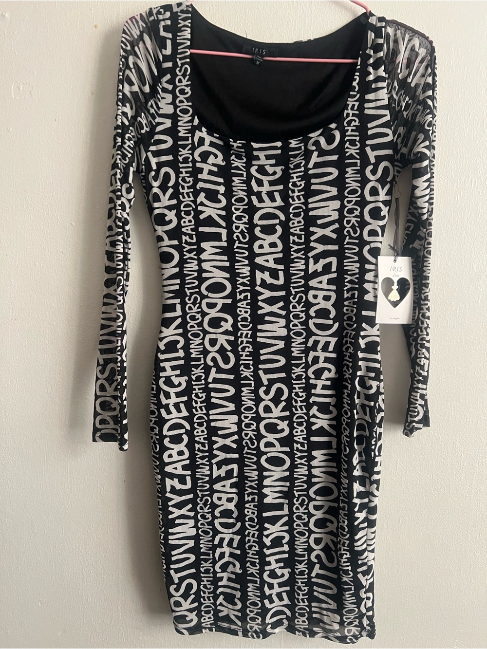 iris Black & White Alphabet-Print Long Sleeve Scoop Dress